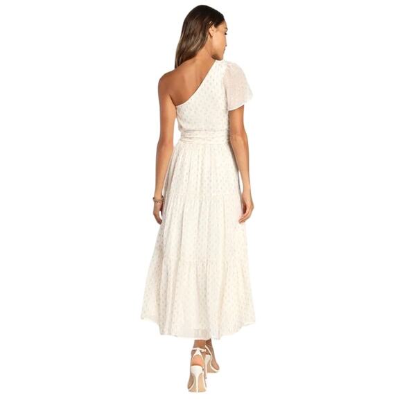 Lulus Shining Sight Midi Dress S White Metallic Gold Dotted One Shoulder Fairy - Picture 6 of 16